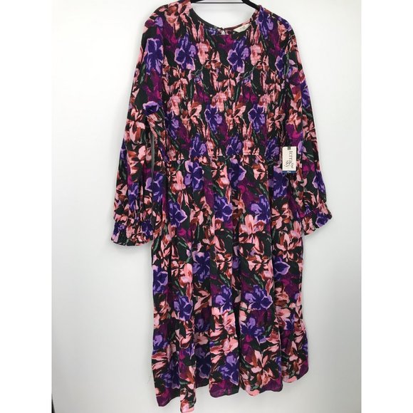 Terra & Sky Tiered Peasant Boho Smocked Midi Dress Purple Floral 3X NEW - Picture 3 of 6